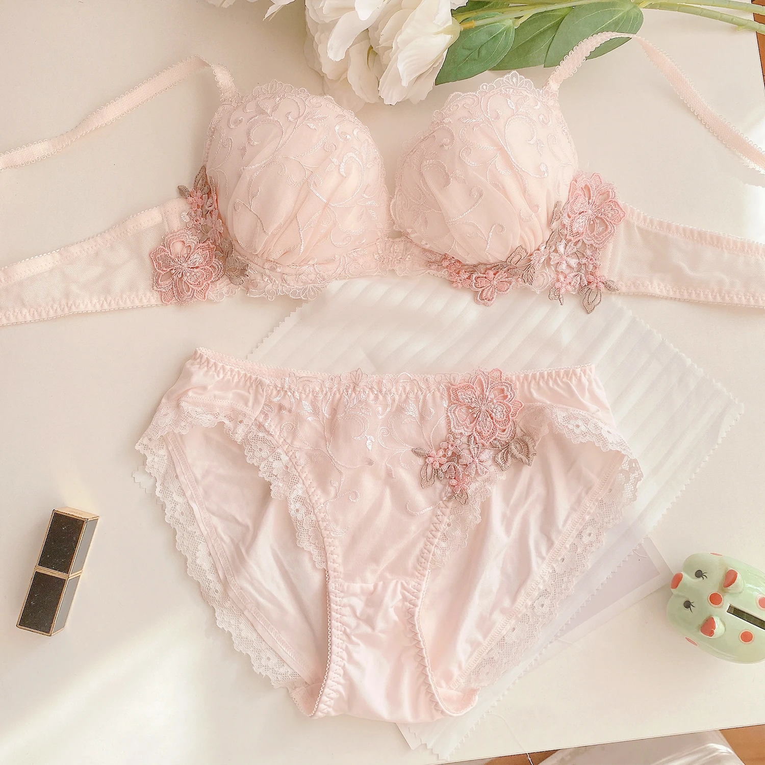 Gathered large steel circle bras sexy lace flower bra set side collection small bottom circumference underwear large cups linger