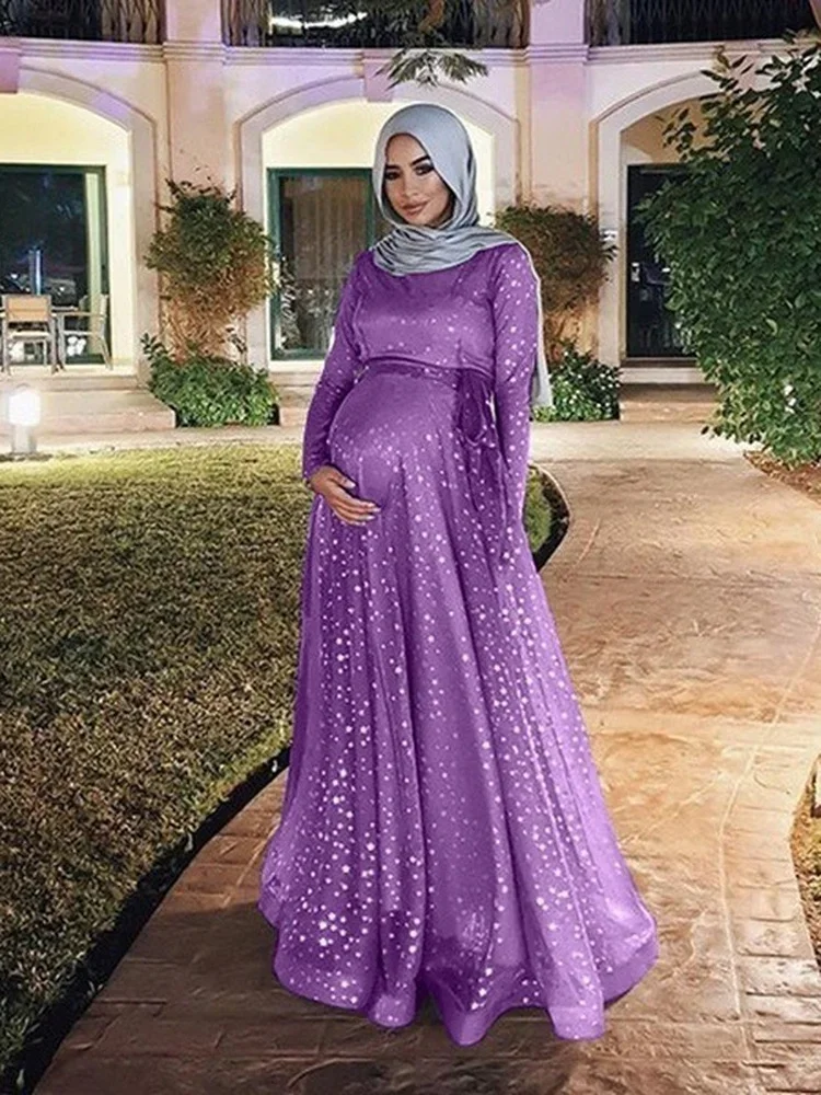 Muslim Floor-length Pregnant Dress Women Sequin Long Dresses Maternity Long Pregnancy Dress Vestidos Big Swing A-line maxi robe