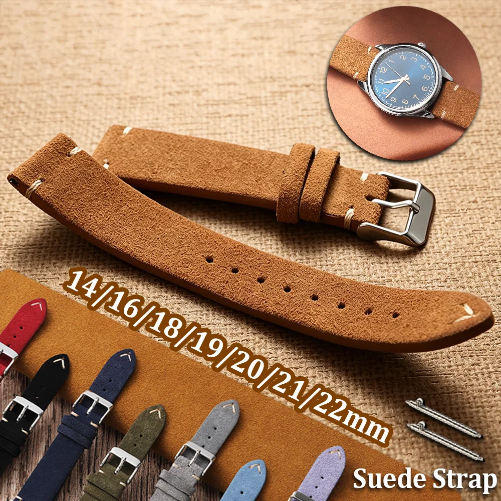 14 16 18 19 20 21 22mm Quick Release Soft Suede Strap Calfskin Bracelet Vintage Brown Women Men Wristbands Hand Sewn Watch Band