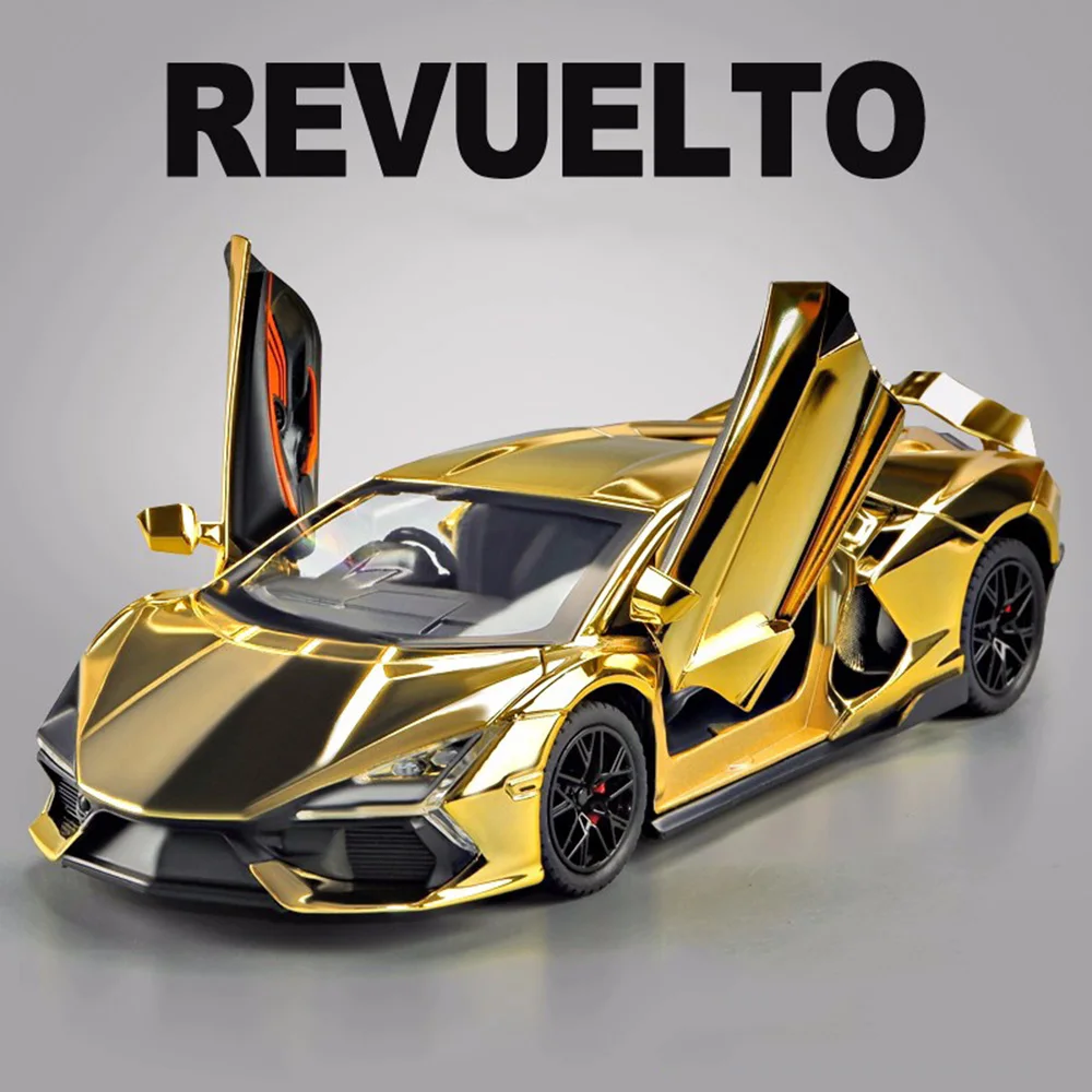 รถของเล่นจำลอง Lamborghini Revuelto ขนาด 1:24 ผลิตจากโลหะผสม พร้อมไฟและเสียง รถซูเปอร์คาร์ขนาดเล็กแบบดึงหลัง ของเล่นแบบอินเทอร์แอคทีฟ