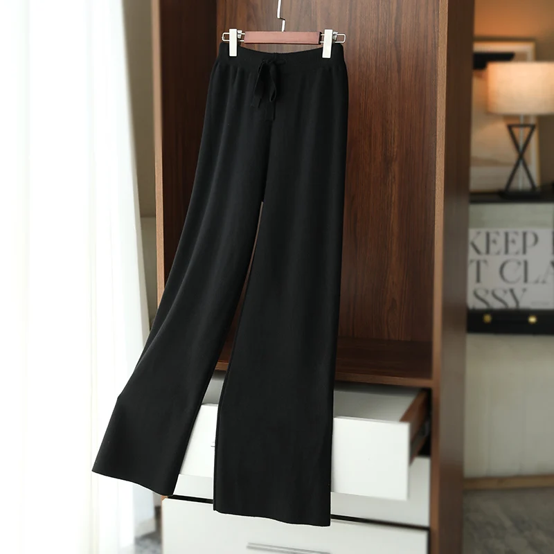 Women Pants Winter New Soft Waxy Comfortable High-Waist Cashmere Knitted Pants Female Solid Color Casual Wide Leg Pants Spring