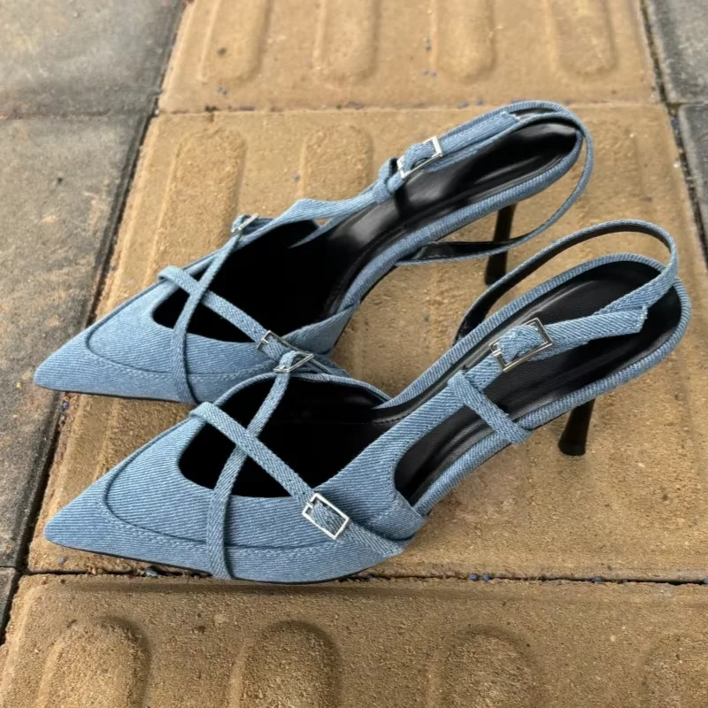 

Luxury Designer Women Sandals Denim Fashion Pointed Toe Belt Buckle Thin High Heel Single Shoes Lady All Match High Heeled New