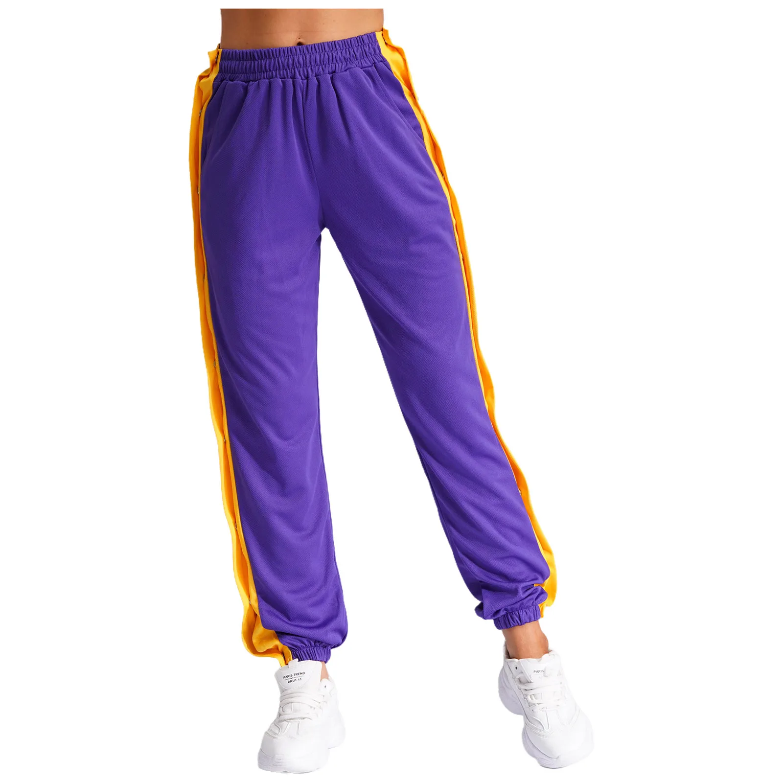Unisex Men Women Side Split Buttons Sweatpants Fashion Elastic Waistband Color Block Pants for Sports Workout Basketball