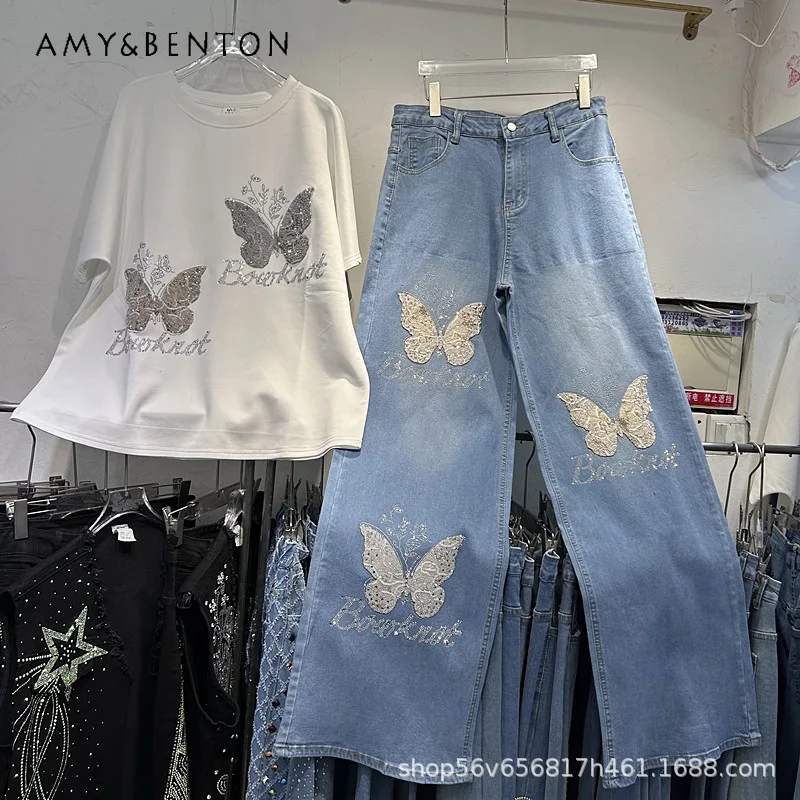 

2026 Summer Heavy Craft Butterfly Rhinestone Short-sleeved T-shirt Top And Blue High-waisted Wide-leg Denim Pants Two-piece Sets