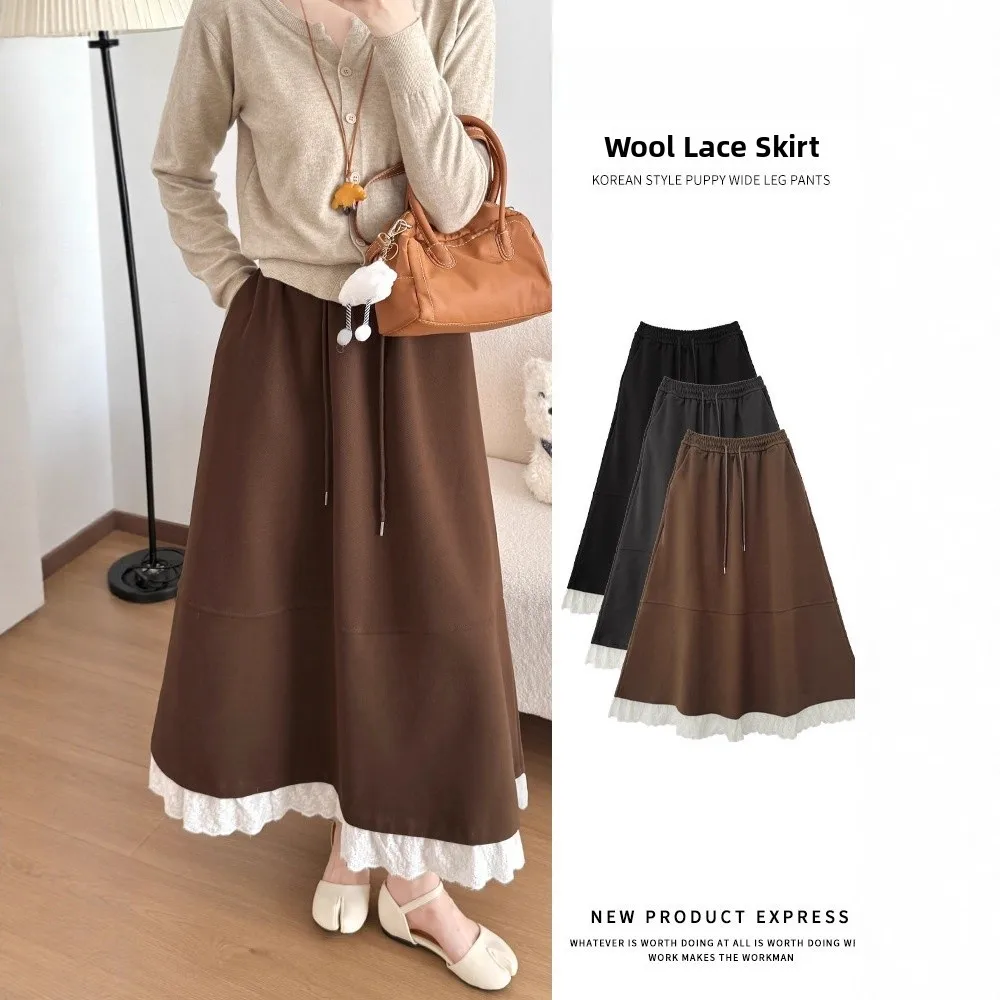 Autumn Winter Women's Woolen A-Line Skirt High Waist Drawstring Lace Trim Large Size Midi Skirt Casual Standard Fit Pure Color