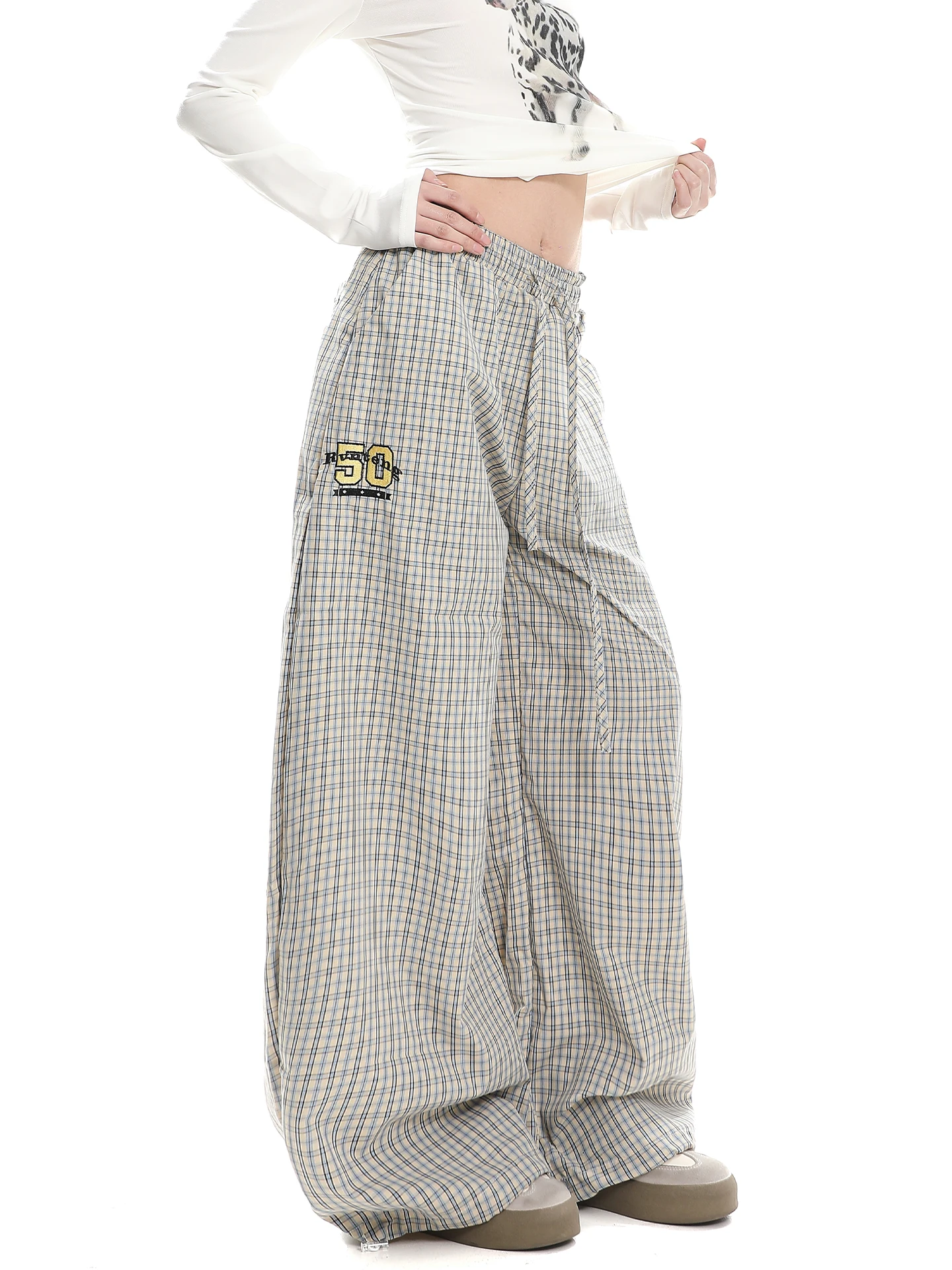 American Retro Street Check Wide Leg Pants Women's Spring New Loose High Waist Slim Letter Print Casual Long Trousers