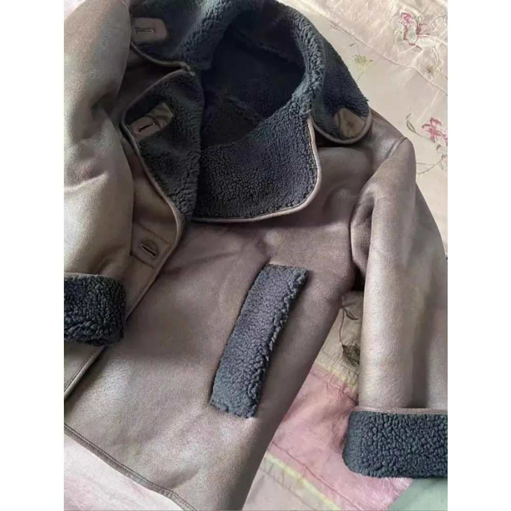 Giacca bomber invernale da donna Cappotto caldo in lana d'agnello Giacche vintage in ecopelle da donna Capispalla con bottoni con risvolto spesso Streetwear