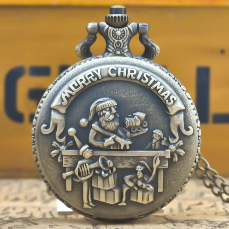 Orologio da tasca commemorativo serie di collane al quarzo flip-top retrò in bronzo Steampunk Babbo Natale per studenti e studentesse