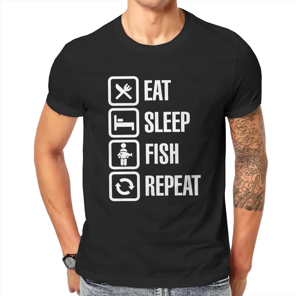 Essen Sie Schlaf Fisch wiederholen lustige T-Shirt für Männer 100% Baumwolle Freizeit plus Größe gedruckt T-Shirt XL-6XL T-Shirts für Männer