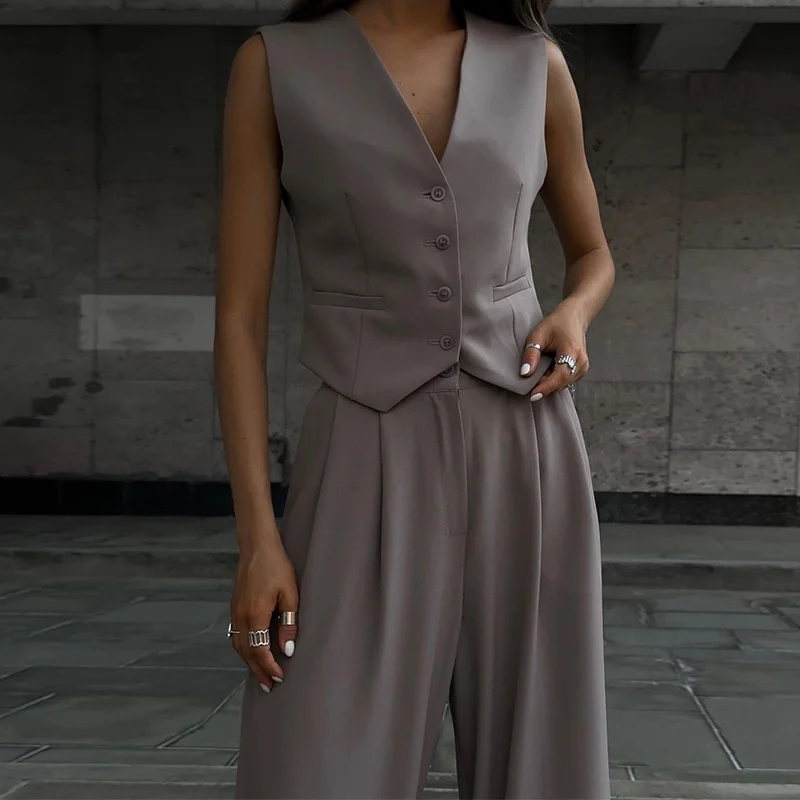 Women's Casual Faion Suit Vest Wide Leg Trousers Set Seven Sve  Collar f Zipper Regenerated Cellulose Fiber