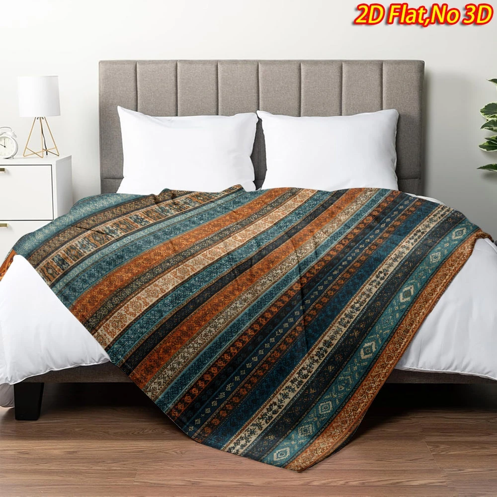 Multi Color Vertical Ethnic Geometric Stripe All Over Layout Fluffy Blanket Soft Warm Cover For Couch Office Picnic Vintage