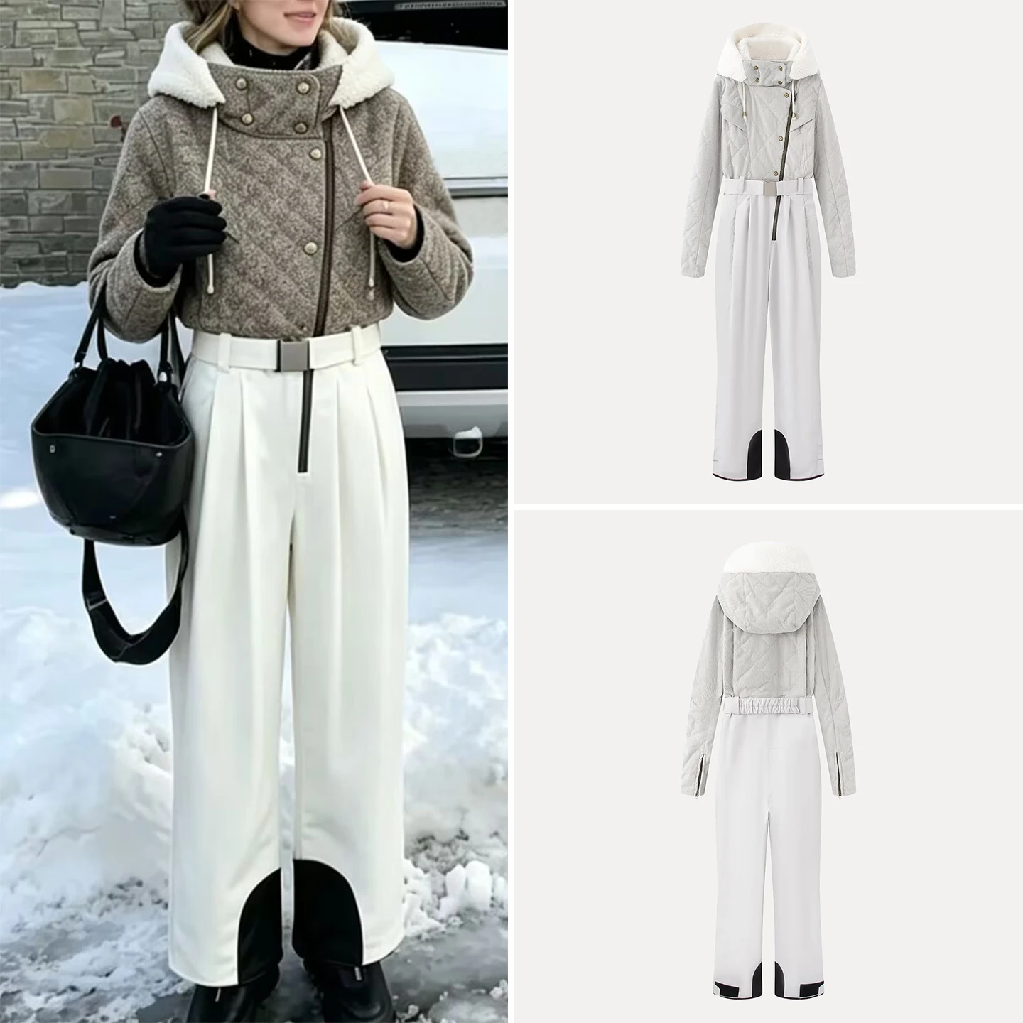 Women's Fashionable Slim Fit Snow Suit with Hood Drawstring Double Board High Waist Long Pants Commute Style Autumn New Arrival
