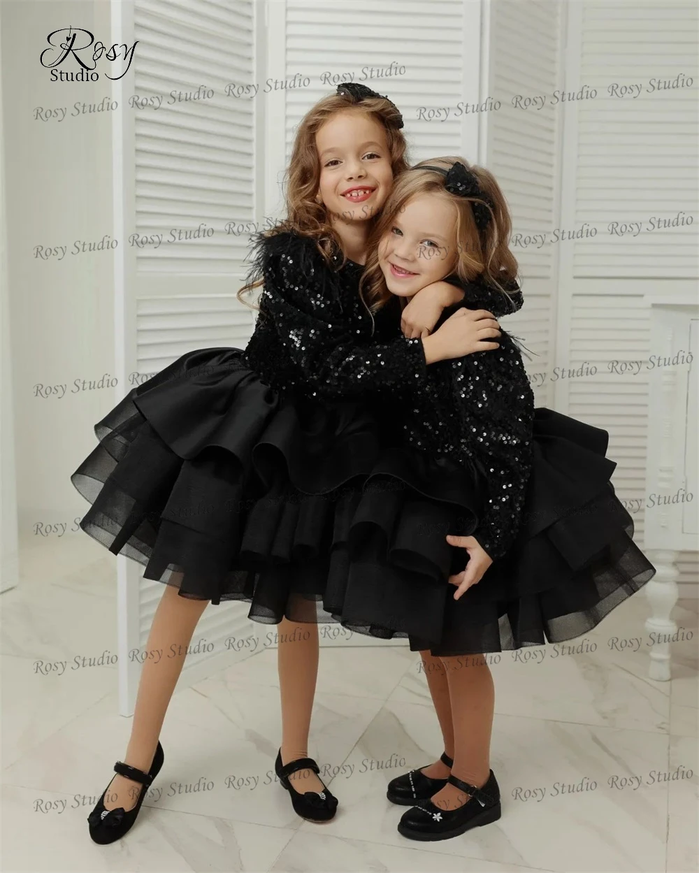 Fashion Black Sequin Pageant Dress for Girl A-line Tiered Kid's Christmas Party Dresses Long Sleeves Feathers Prom Gown