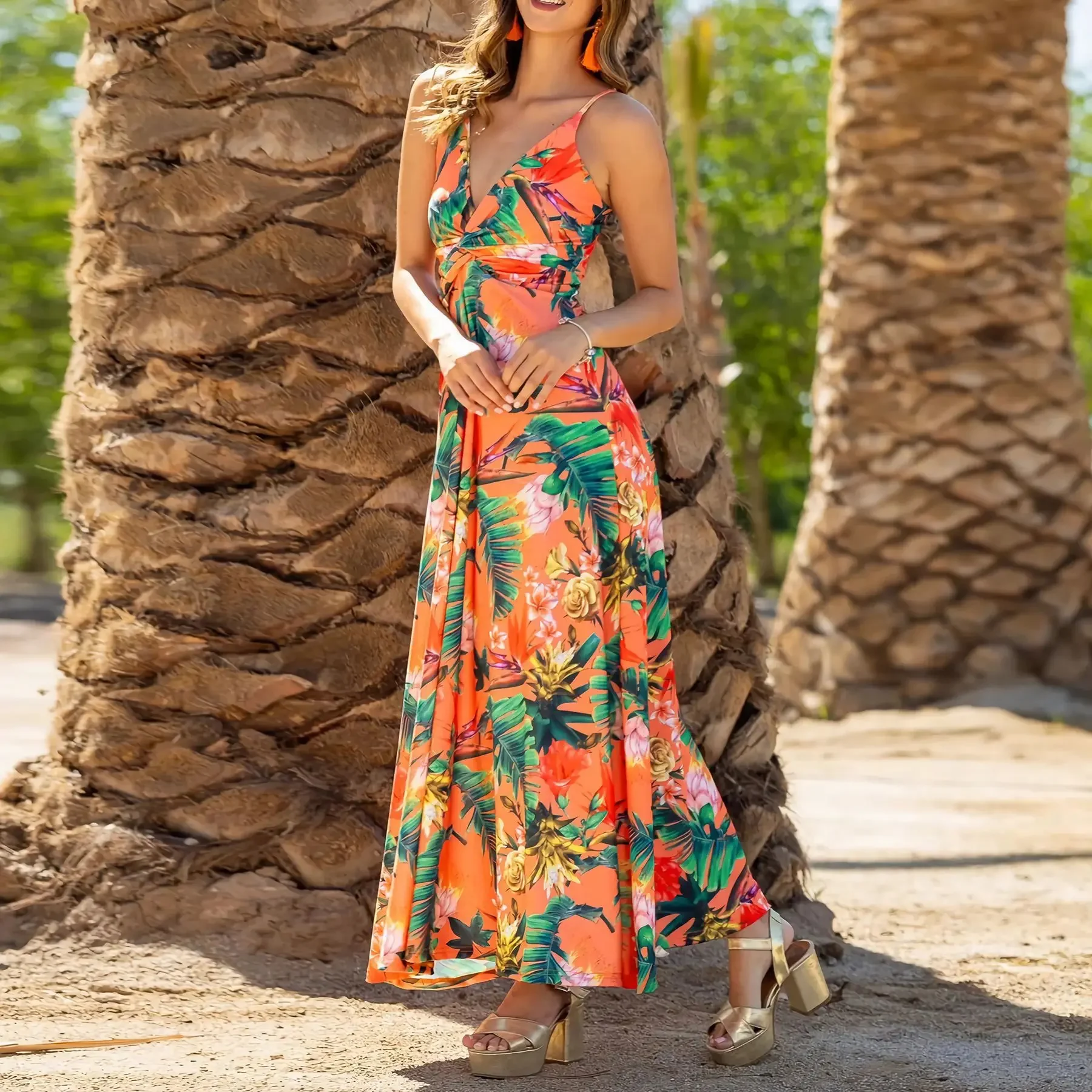 Frauen elegante sexy Spaghetti träger überall drucken Maxi kleider für Frauen Sommer Strand Urlaub Kleid Boho