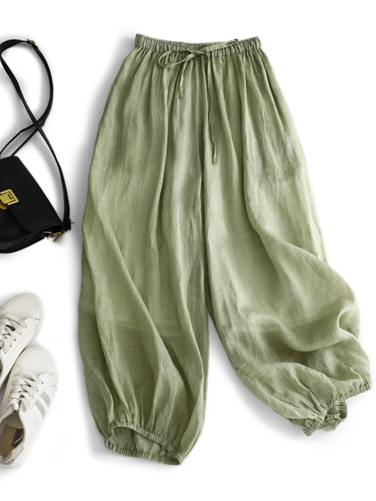 

Summer Thin Pure Color Flax Lantern Pants Large Size Women's Elastic Waist Belted Slimming Casual Trousers Harlan Pants