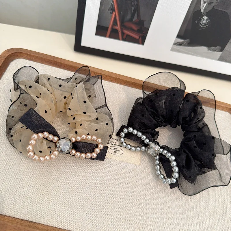 

Korean Retro High-end Vibe Polka Dot Tulle Hair Scrunchie with Pearl Bow, Elegant Elastic Hair Tie for Women Stylish Scrunchie