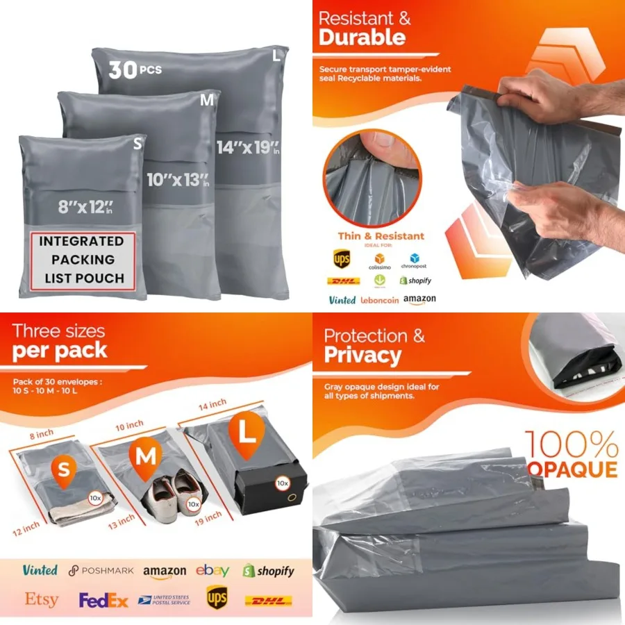 

Poly Mailers Shipping Bags 30 Pack — Self-Seal Plastic Mailing Envelopes, 3 Sizes incl. 8x12, poly mailers 10x13 and 14x19 — Te
