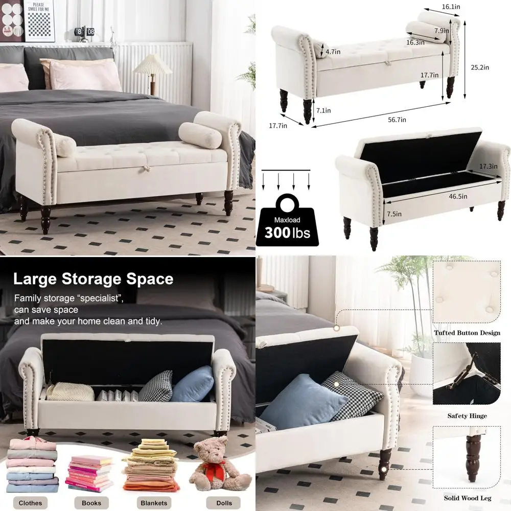 مقعد تخزين لغرفة النوم، طول 57 بوصة، عثماني منجد بأزرار مع مساحة تخزين ووسادتين #1