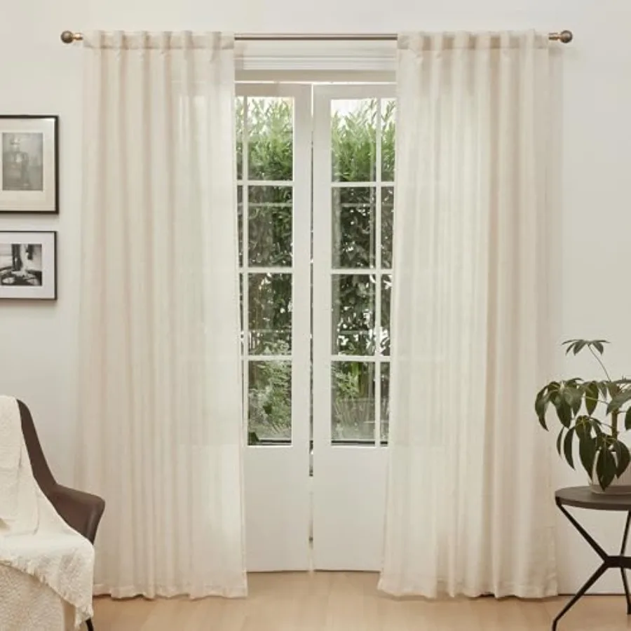 Linen Curtains for Living Room, Natural Semi Sheer Curtains and Drapes 84 inches Length 2 Panels Set Farmhouse Country Boho Sty