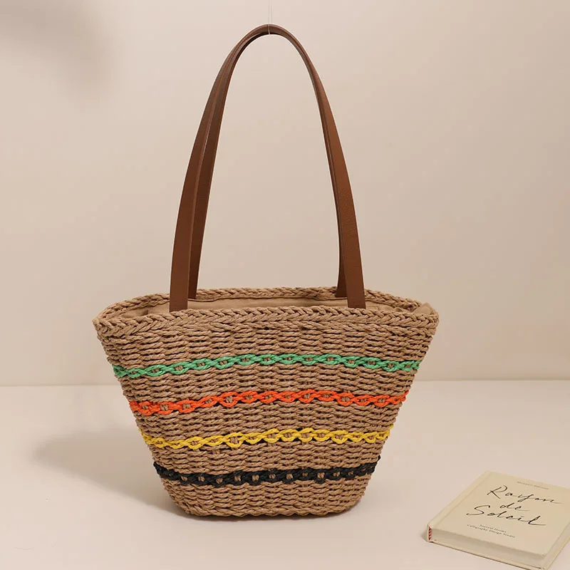 Sac fourre-tout tissé en paille bohème pour femme, sac à bandoulière de plage, sac d'épissure en cuir PU, sac à main de créateur de luxe décontracté pour femme, grande capacité