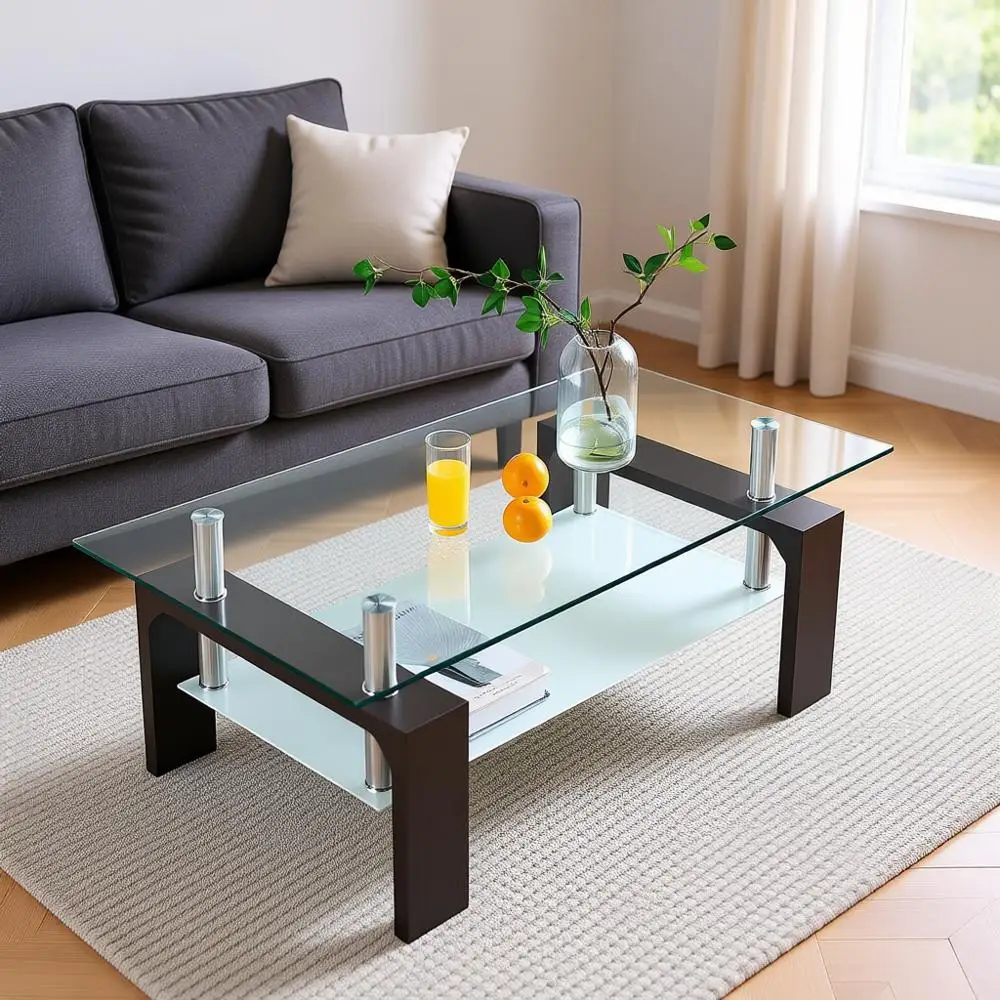 

Regular Coffee Table, 39.5in x 23.5in x 17.5in, Glass Tabletop with Lower Shelf, Adjustable Legs