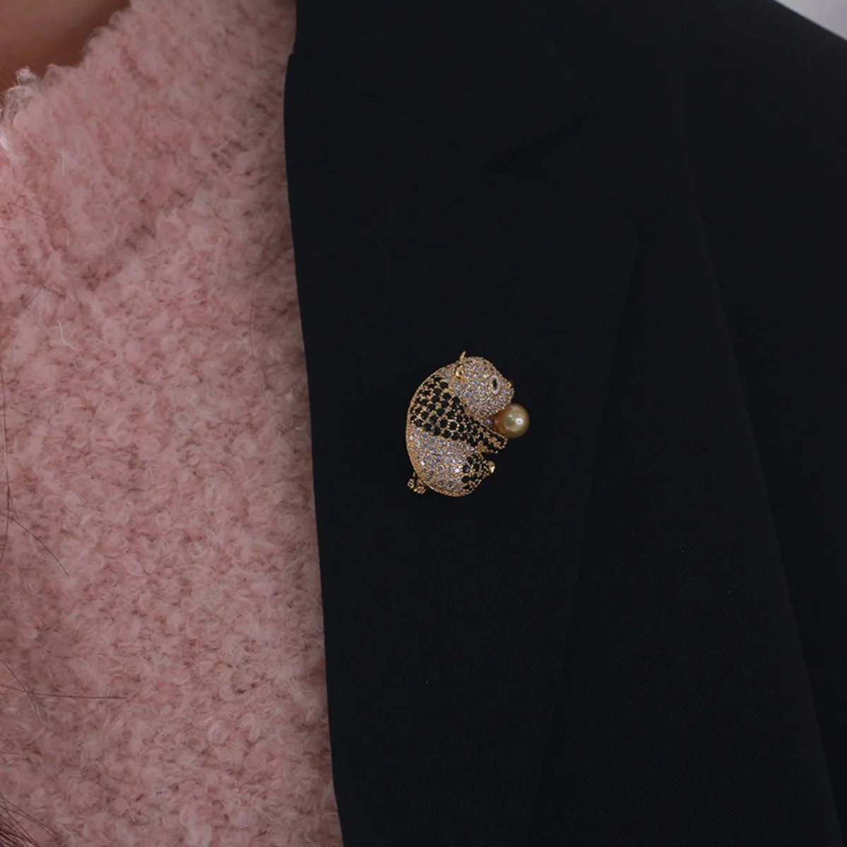 Brass Thick Gold Plated Little Panda Brooch Setting, Micro Pave Zircon Pin, DIY Pearl Jewelry Supply