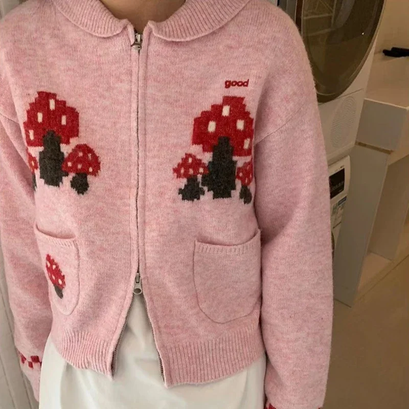 Mushrooms Pink Sweet Jacquard Knitted Cardigan Women Autumn Zipper Short Sweater Coat Fashion Packets Design Long Sleeve Tops