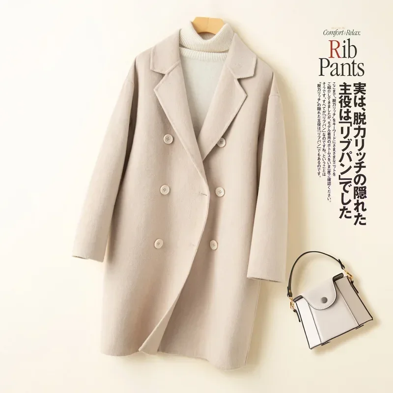 

Double-sided cashmere coat women's medium and long small loose Korean version autumn and winter wool suit collar woolen coat