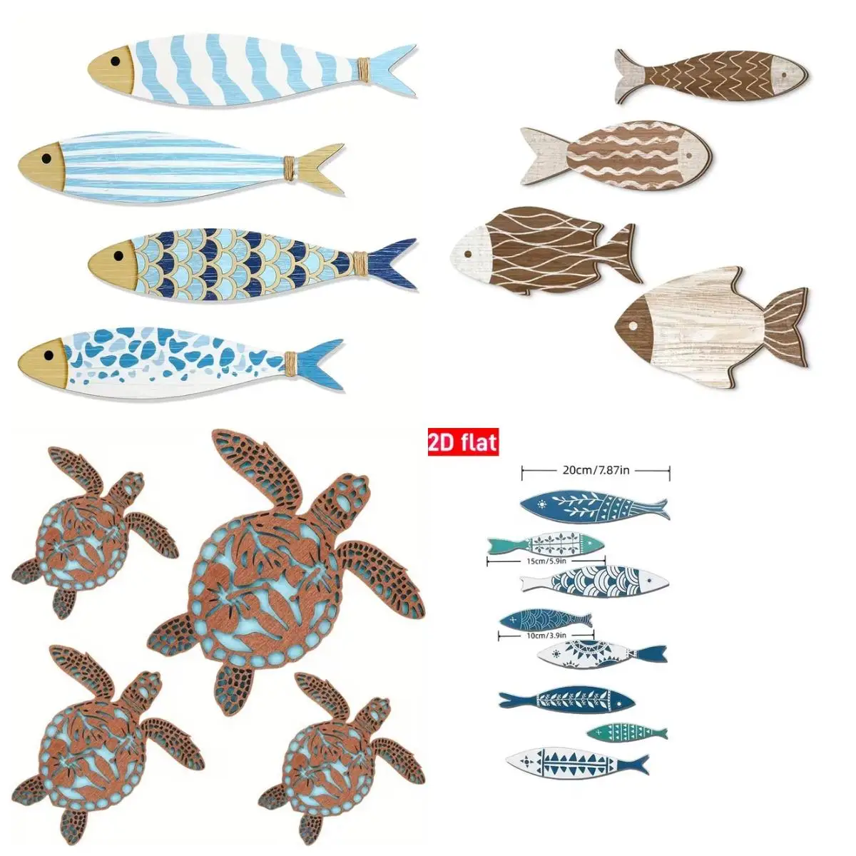 A Set of 4 Wooden Fish Wall Decorations, with Built-in Adhesive Accessories and No Need for Drilling Installation
