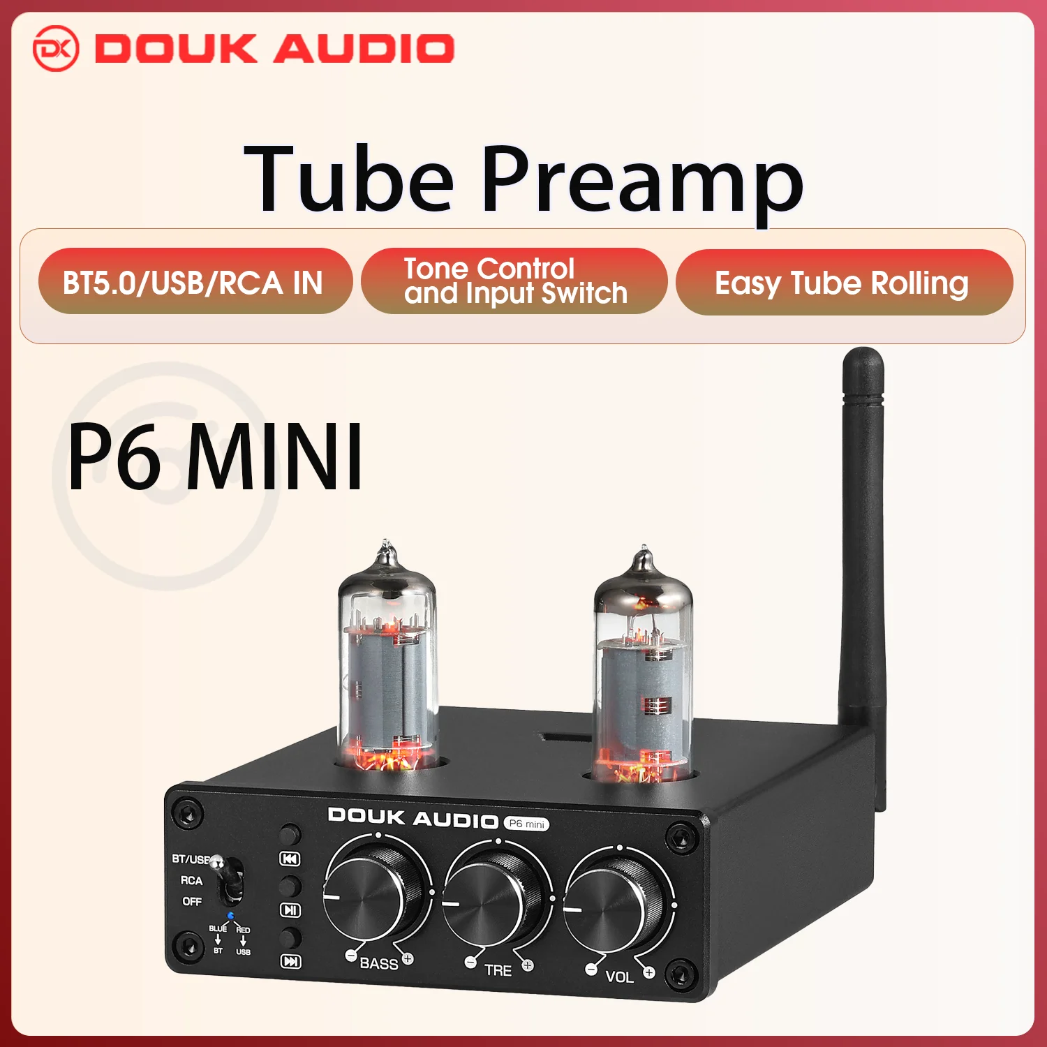 Douk Audio HiFi Bluetooth 5.0 Valve Tube Preamp Stereo Receiver USB Player Home Desktop Pre-amplifier w/Treble Bass Control