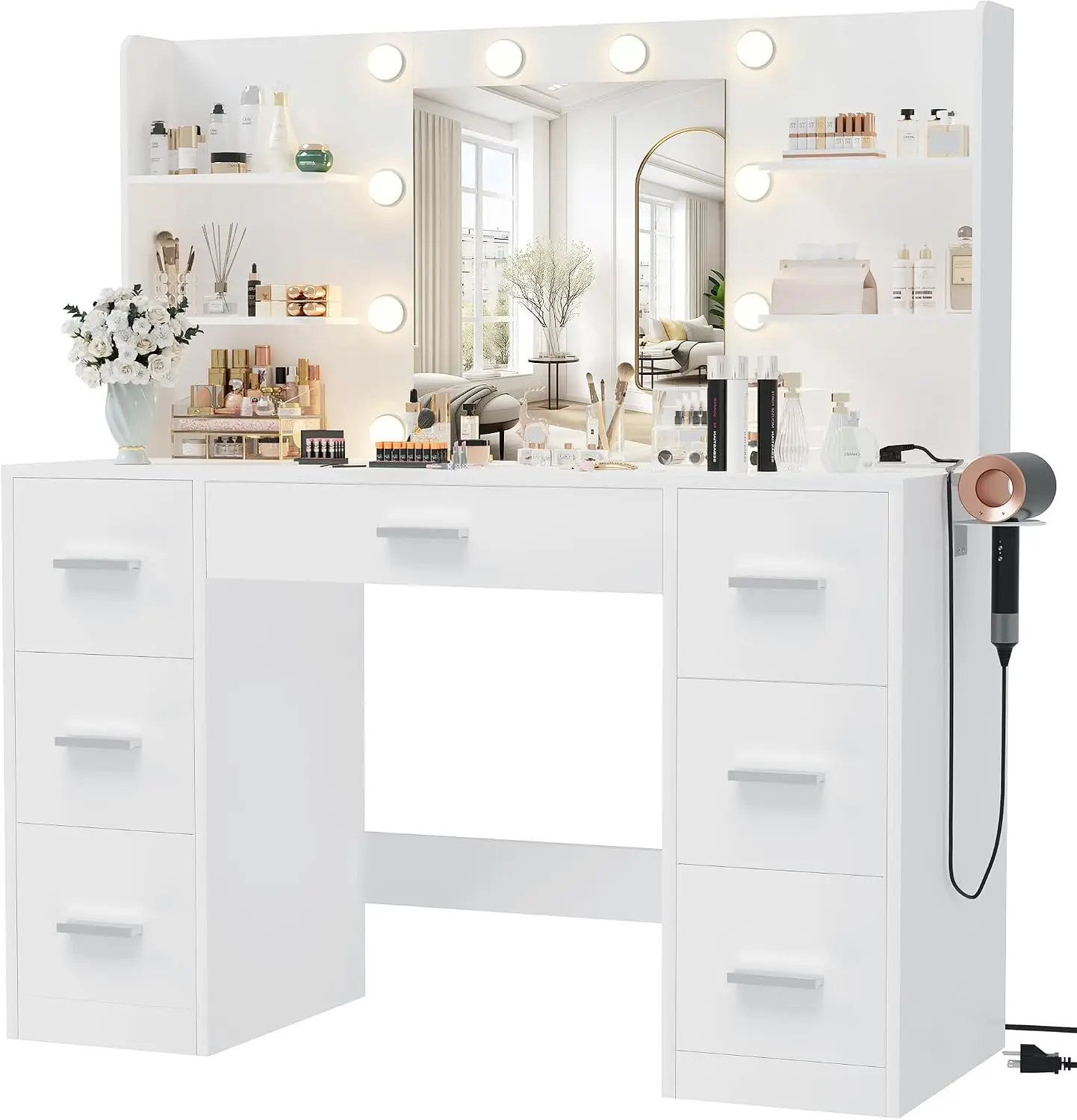 Vanity Desk with LED Mirror,Power Outlet,7 Drawers Makeup Table