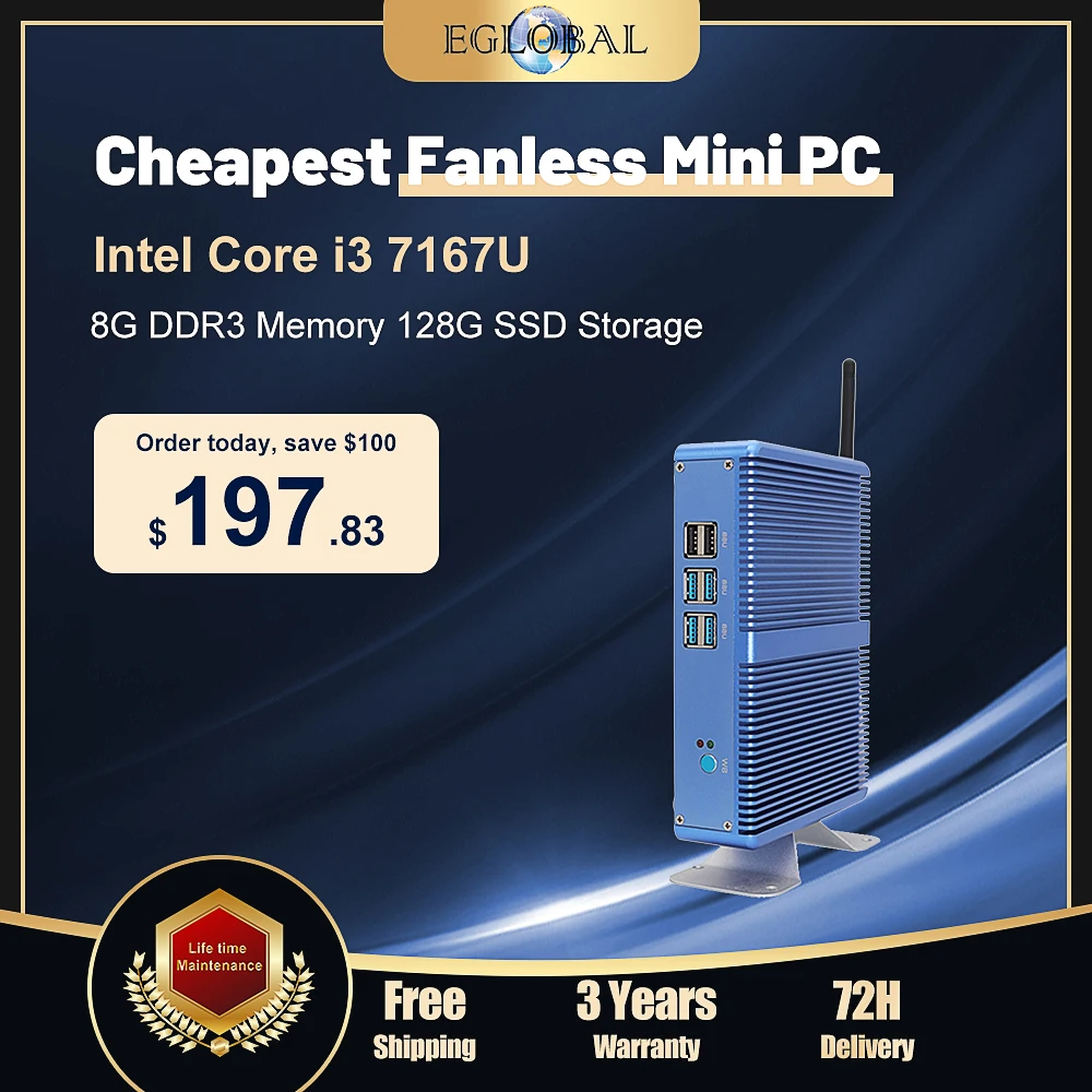 

EGLOBAL Chepeast безвентиляторный мини-ПК Intel i3-7167U 8G DDR3 128GWiFi5 Windows 11 pro для кассового аппарата, офиса, дома, новости, киоск, использование