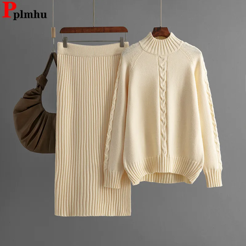 

Fall Winter Knitted Sweater 2 Piece Sets Women Half Turtleneck Knitted Pullover Tops Conjuntos High Waist Slim Skirts Ensembles