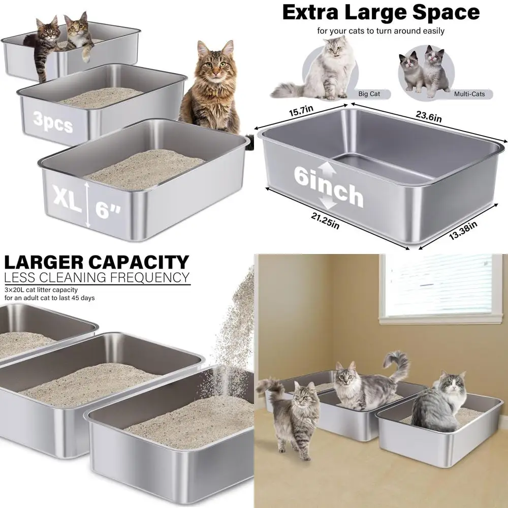 

Очень большие лотки из нержавеющей стали, 3 шт., 23,6 х 15,7 х 6, без запаха, металлический лоток XL для больших кошек, домашний мусор для нескольких кошек