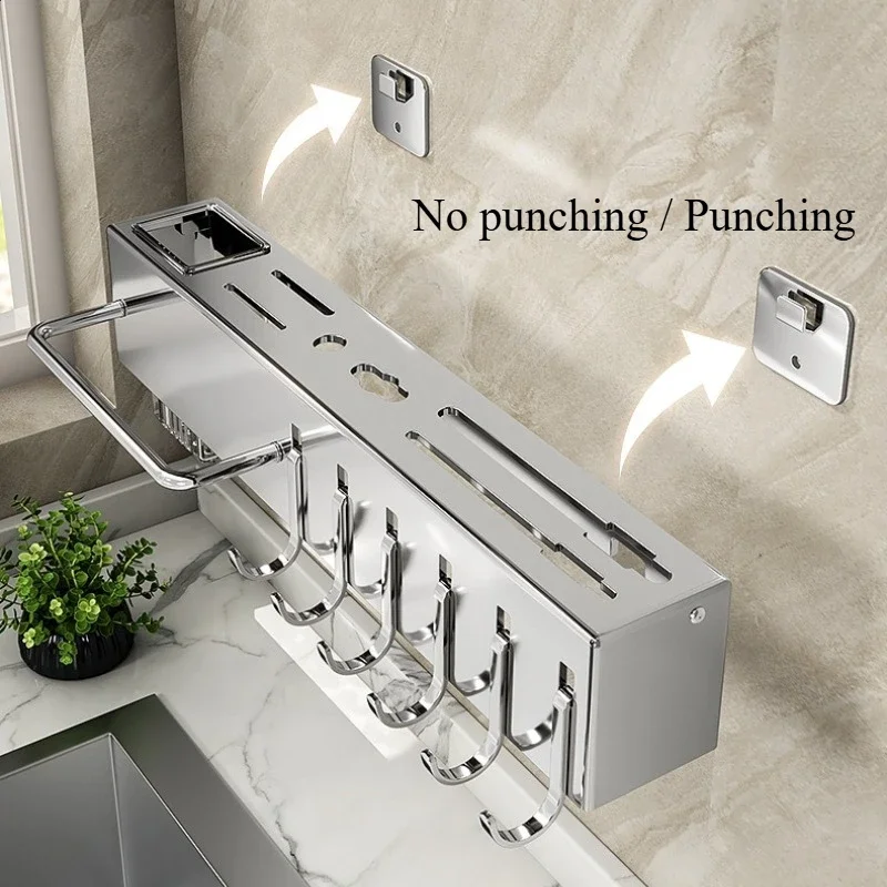 Stainless Steel Kitchen Cookware Organizer Wall Mounted No Drill Knife Holder Chopstick Storage Rack All in One
