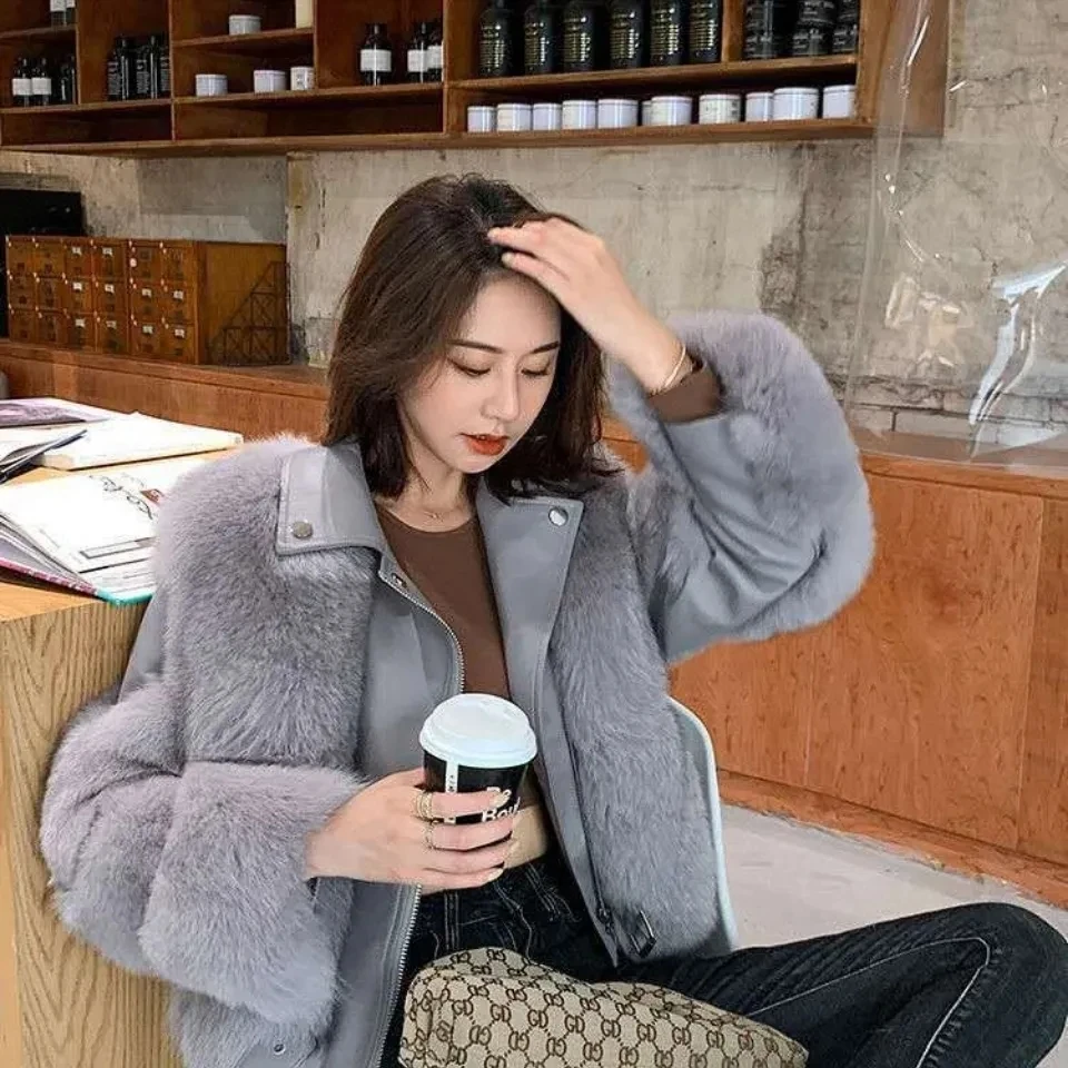 Black New imitation fox fur grass Jacket For women Motorcycle Short Slimming Fur Coat Female Winter Warm Thick Zipper Jackets