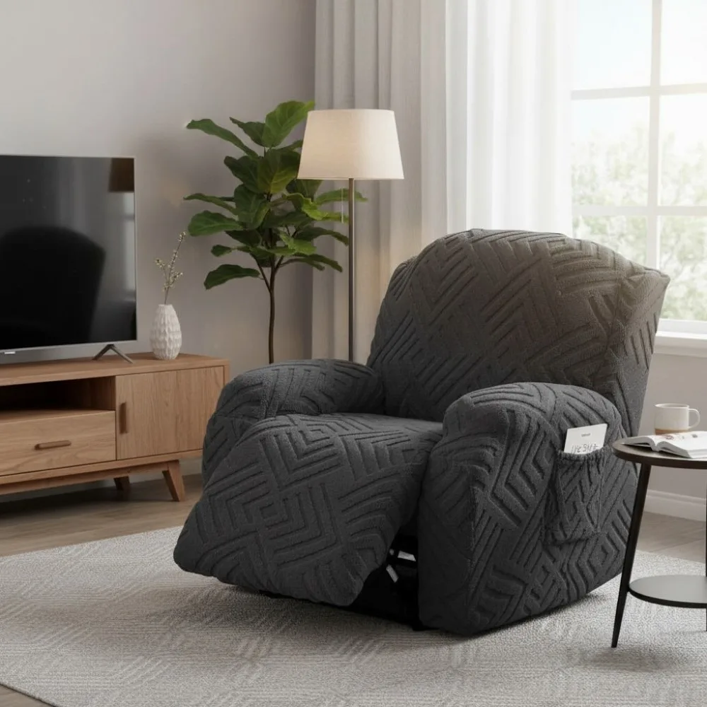 Practical Jacquard Single Sofa Cover Elastic Velvet with Side Pocket Recliner Chair Cover Stretch Non-Slip Couch Cover Winter