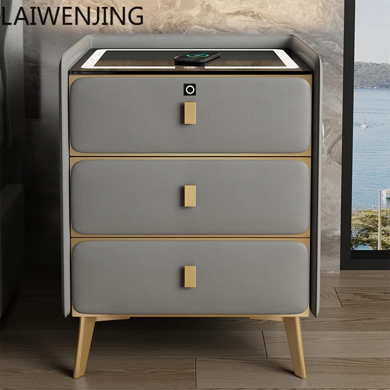 

HLZ smart bedside table solid wood three-layer drawer leather modern light luxury multi-functional storage cabinet with lock
