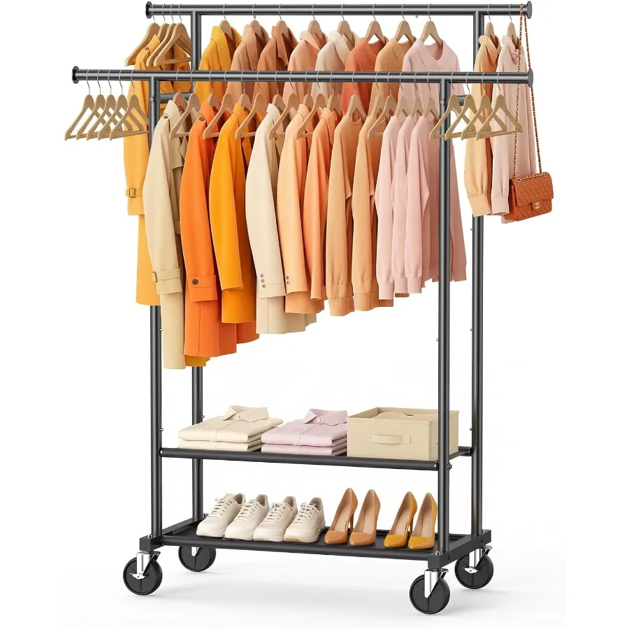 

Double Rods Clothes Rack Rolling Clothing Rack for Hanging Clothes Closet Rack with Wheels Metal Portable Garment Rack with Dou