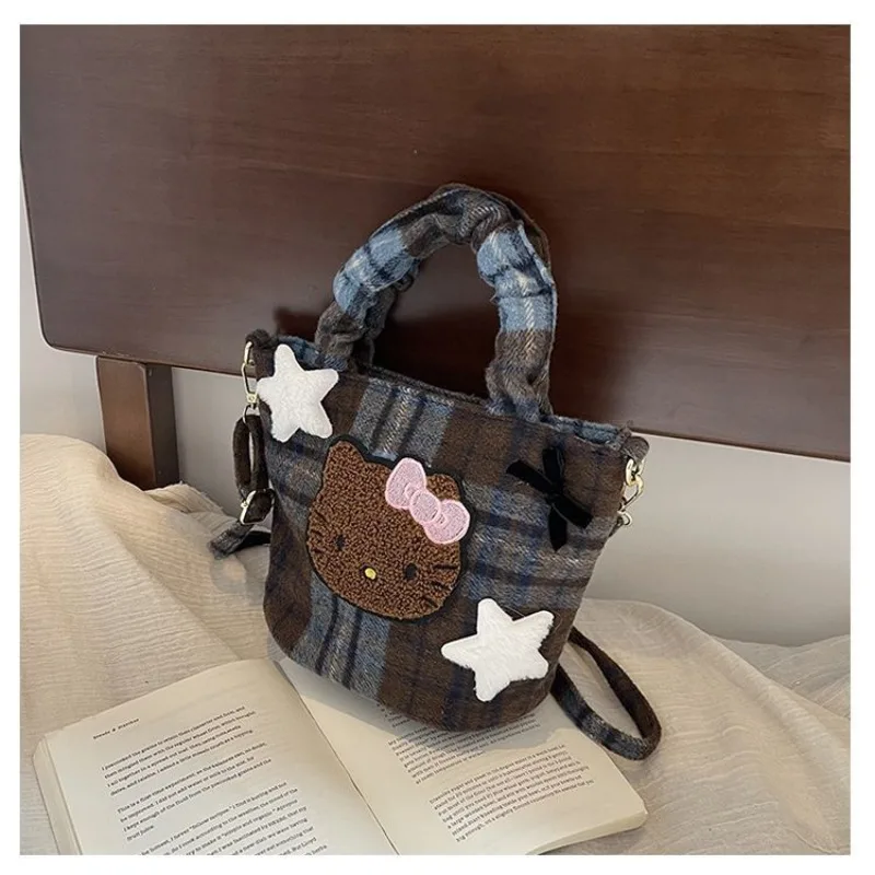 Urocza torebka damska na ramię z motywem Hello Kitty, codzienna, retro, wełniana torba crossbody, damska portmonetka, torba na zakupy.