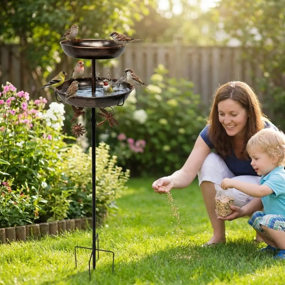 Double Layer Metal Garden Birdbath Vintage Standing Rust-Proof Iron Bird Bath Feeder Sturdy 5-Pronged Base Bird Feeding Station