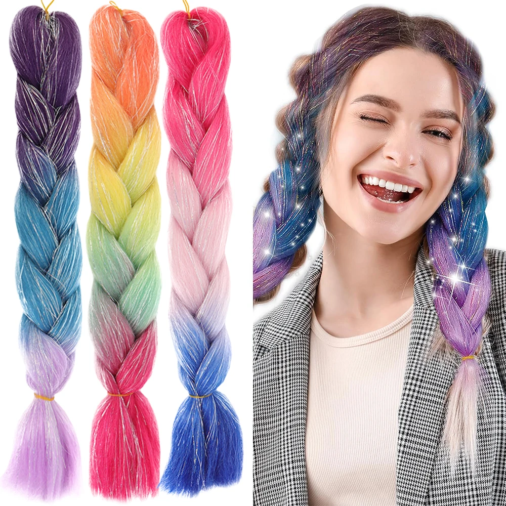 Braiding Hair Extension with Tinsel Purple Hair Extensions Synthetic Colored Braiding 3 Tone for Girls Women Party Wig