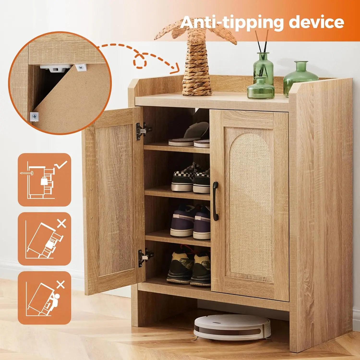 Natural Rattan Shoe Cabinet with Adjustable Shelves, Farmhouse Boho Wood Organizer for Entryway Storage