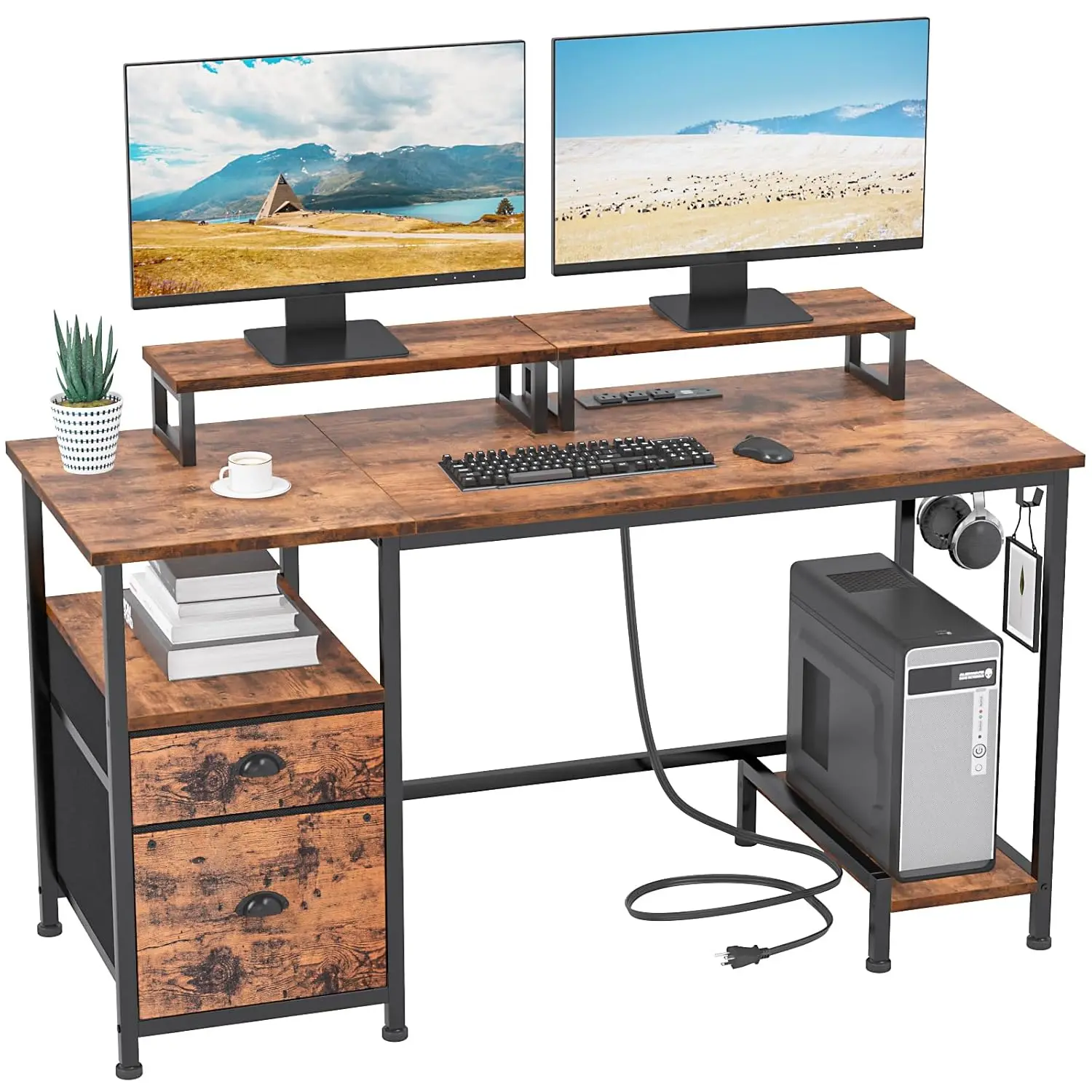 

47" Computer Desk with File Cabinet and Power Outlets, Home Office Desk with 2 Monitor Stands and Storage Drawer, Writing Gaming