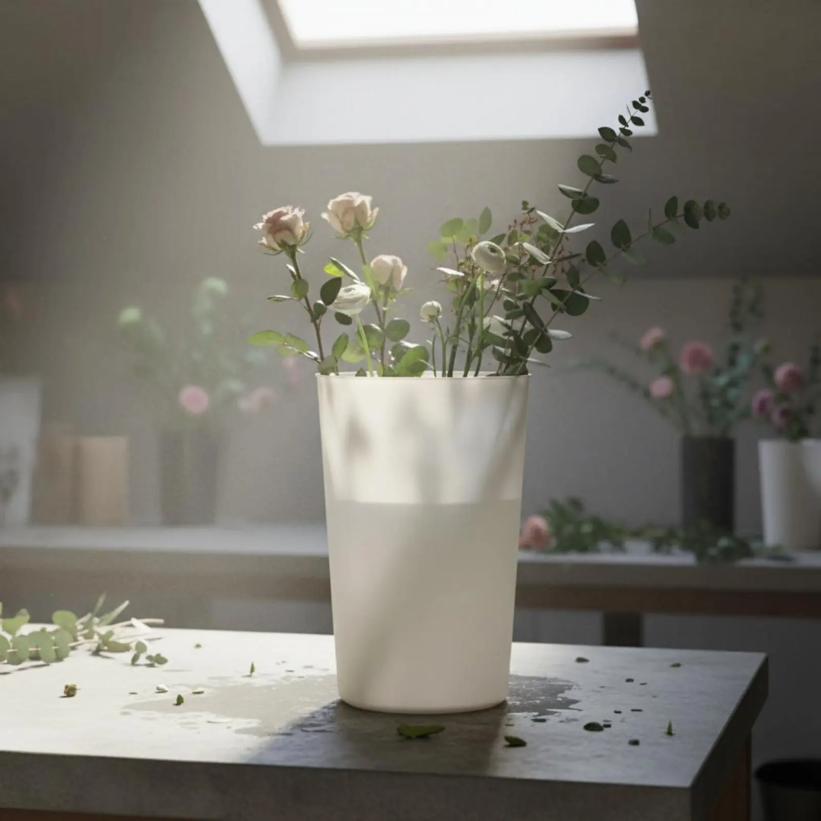 Tall Flower Conditioning Container Built-in Drainer Japanese Design Flower Holder Cylindrical Plastic Vase Non-Slip Base