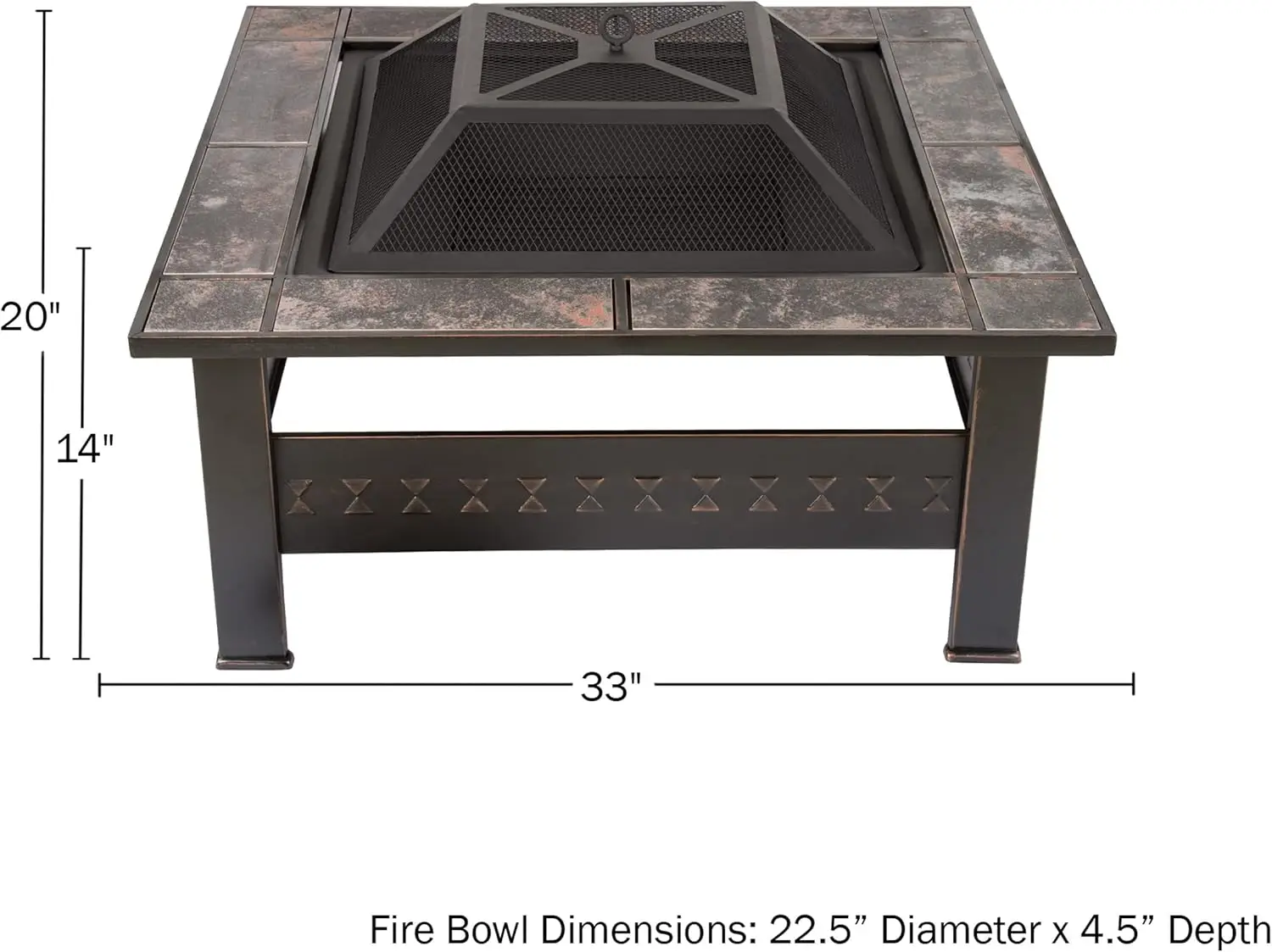 Fire Pit Table 32-Inch Square Wood Burning Bonfire Pit with Marble Tile Edge Spark Scre