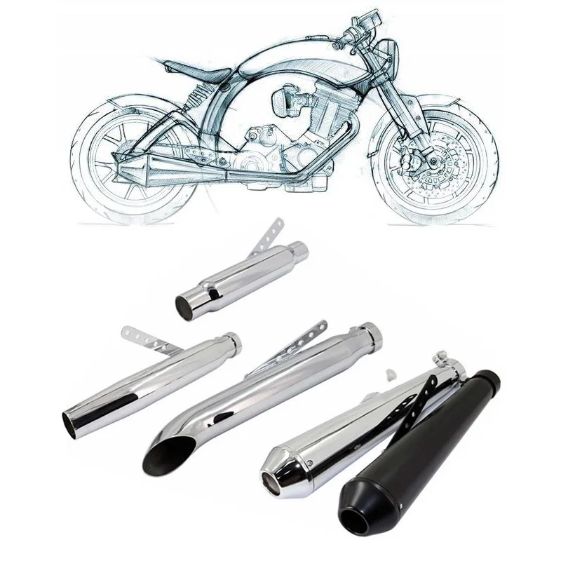 Uniwersalne tłumiki motocyklowe Cafe Racer, rura wydechowa, uchwyt ślizgowy, matowy system czarno-srebrny