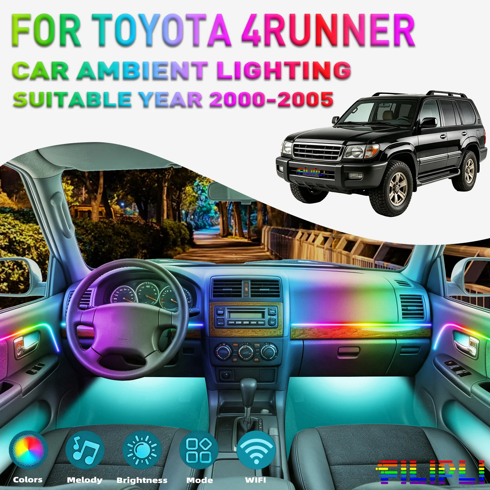 For TOYOTA 4Runner 2000–2005 DREAMCOLOR 18 Lights Kit 256 Colors Car Ambient Light Kit 18 in 1 Hidden Acrylic LED Strip Ripple Layer Flow Neon Light Strip Progressive Outward Color Spread Custom SUV Interior Styling Upgrade Kits