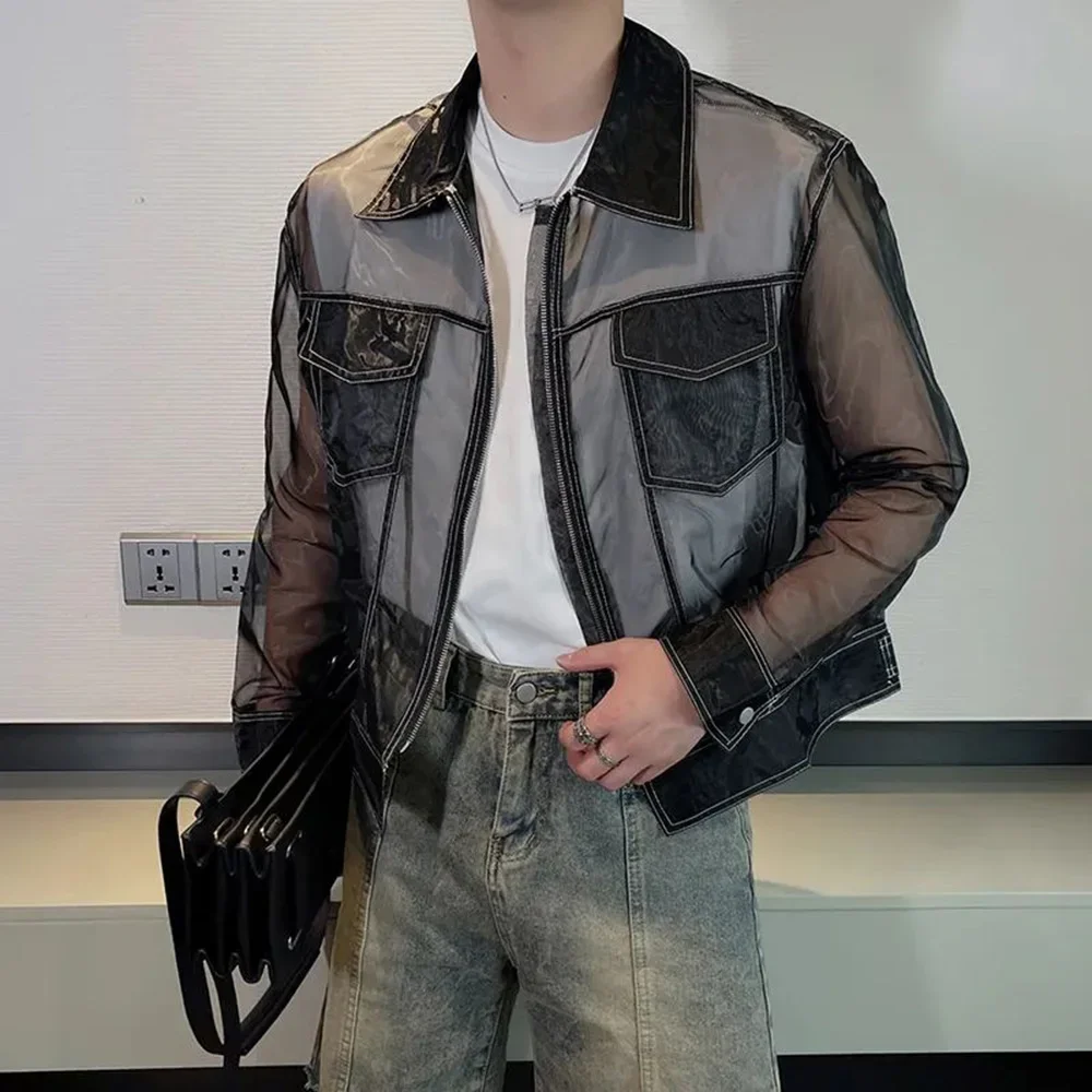 Summer Trendy Men Transparent Sunscreen Jacket Fashion Sexy Mesh Long Sleeve Lapel Top Solid Streetwear Zipper Coat