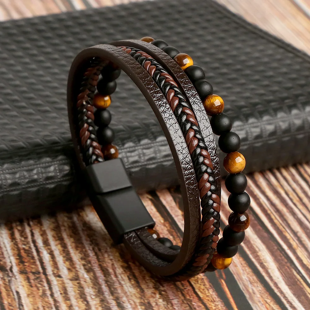 Hot Fashion Beads bracciale in pelle da uomo Classic Fashion Tiger Eye Beaded bracciale in pelle multistrato per regalo di gioielli da uomo